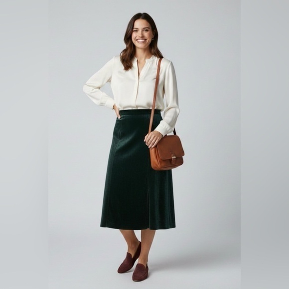 Talbots Petites 14 Green Velvet A-Line Midi Skirt 14P Lined Holiday Classic